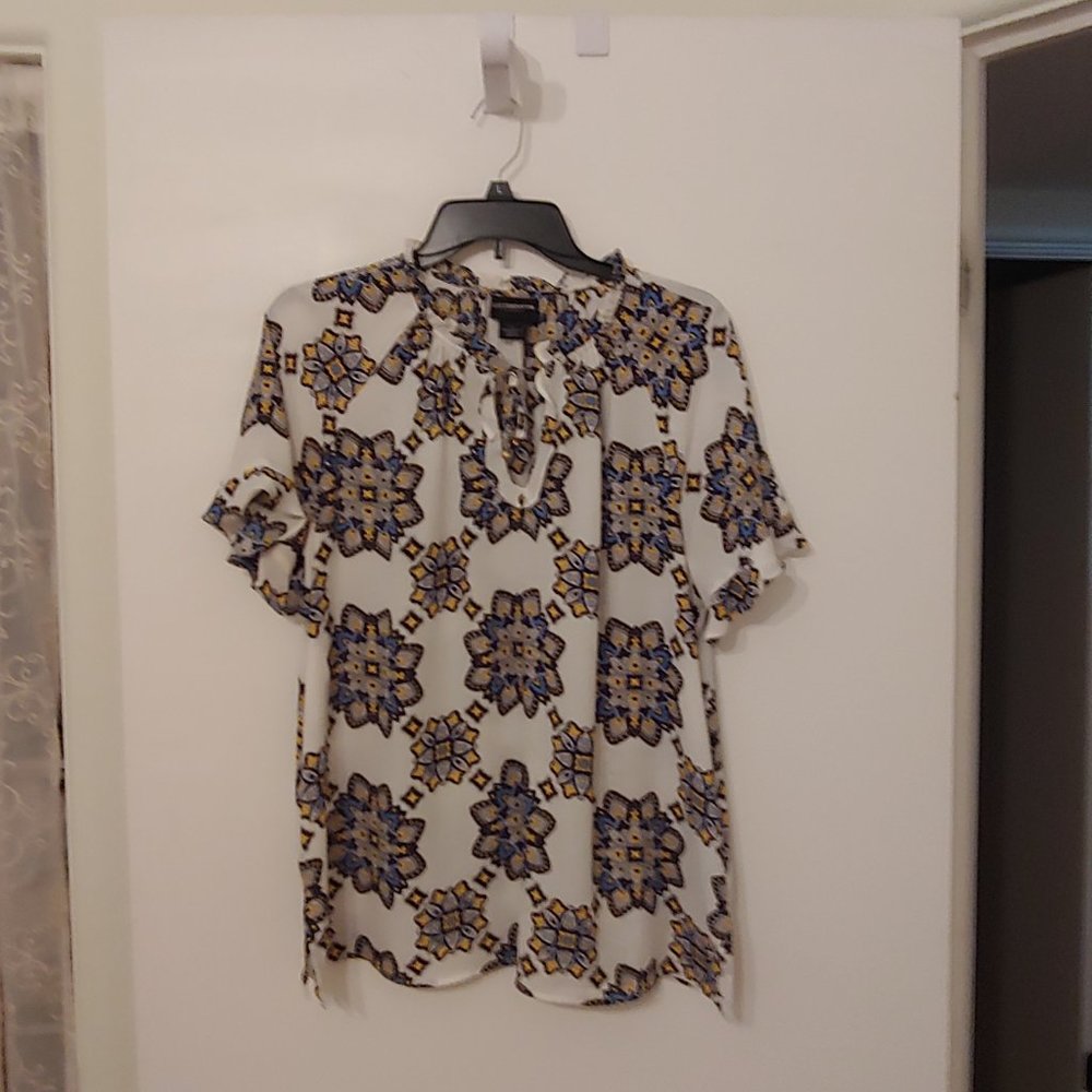 Liz Claiborn Career Blouse Blue/Wht/Ylw pattern